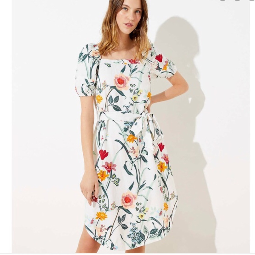 Loft Floral Puff Sleeve Pocket Midi Dress